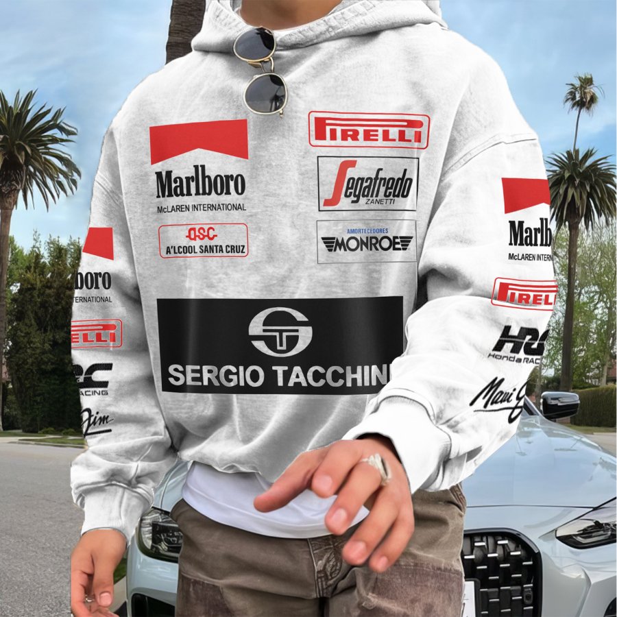 

Men's 2025 Newest Retro Racing Print White Oversized Hoodie