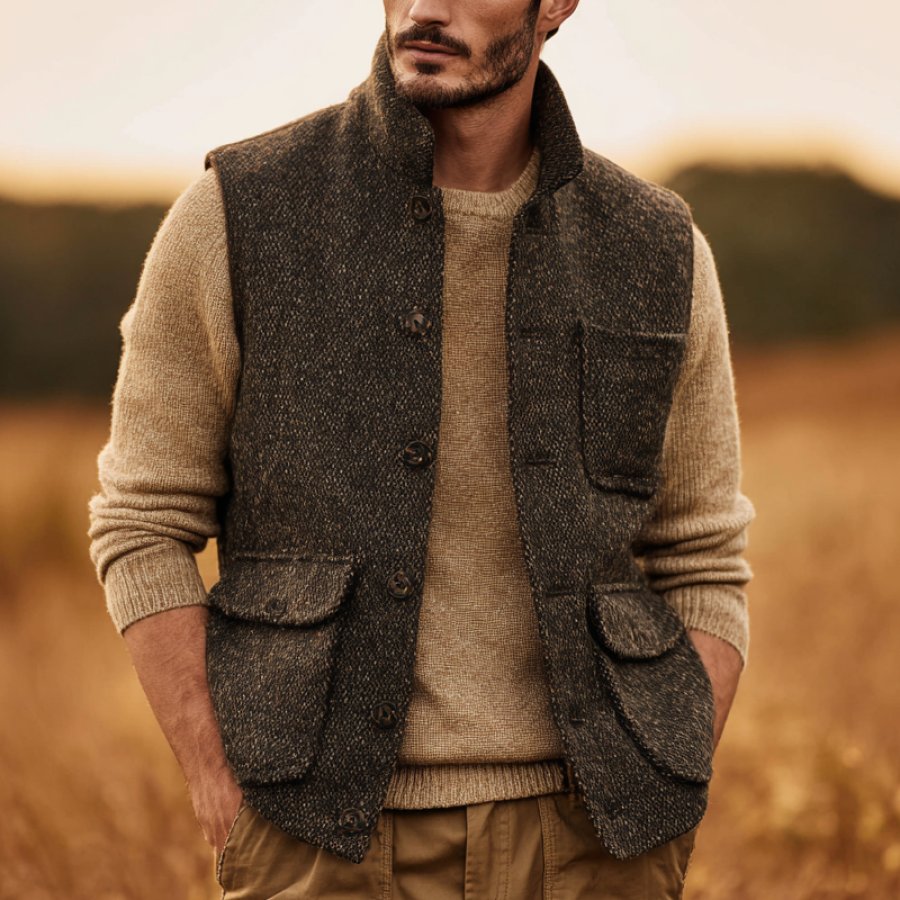 Classic Buttoned Vest With Multi-Pocket Design For Men