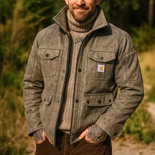 Stylish Utility Suede Pocket Stitching Jacket For Outdoor Adventures - Wayrates.com 