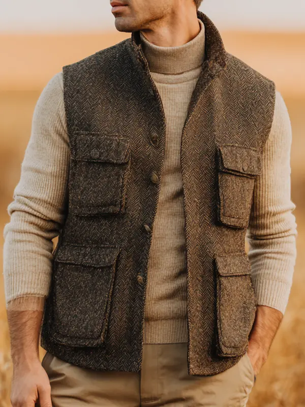 Classic Herringbone Vest With Detachable Collar For Outdoor Adventures - Wantbright.com 
