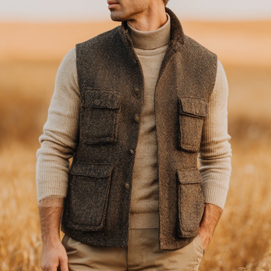 Classic Herringbone Vest With Detachable Collar For Outdoor Adventures
