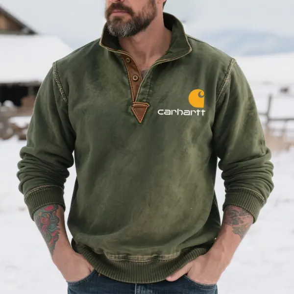 Men's Vintage Graphic Print Henley Coller Sweatshirt With Leather Design - Wayrates.com 