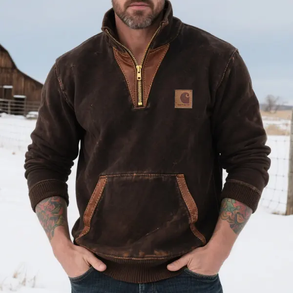 Men's Vintage Western Country Style Quarter Zip Sweatshirt With Leather Trim - Wayrates.com 