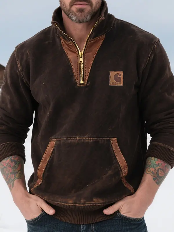 Men's Vintage Western Country Style Quarter Zip Sweatshirt With Leather Trim - Pragmaace.com 