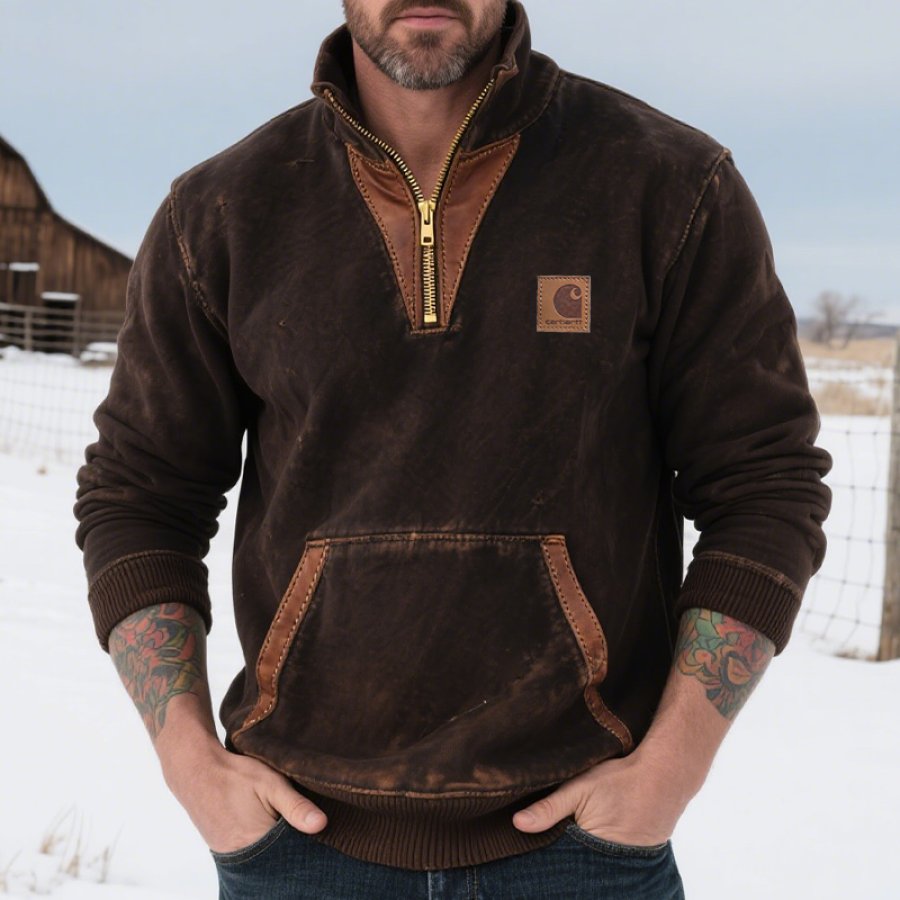 

Men's Vintage Western Country Style Quarter Zip Sweatshirt With Leather Trim