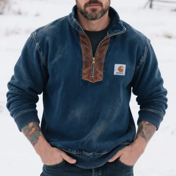 Men's Vintage Western Winter-Ready Sweatshirt With Leather Accents Blue - Wayrates.com 