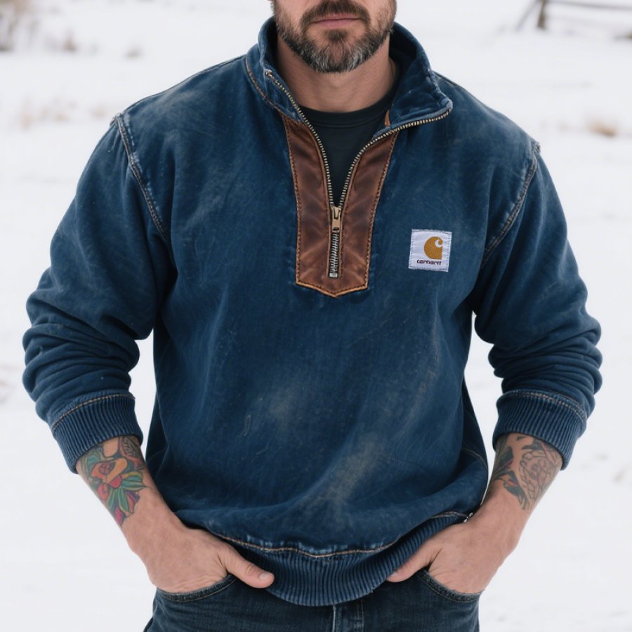 

Men's Vintage Western Winter-Ready Sweatshirt With Leather Accents Blue