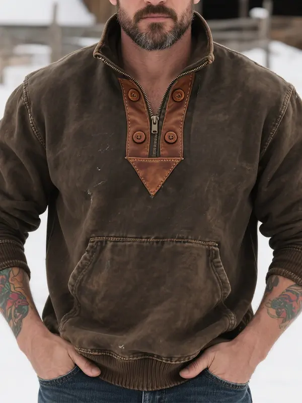 Men's Vintage Western Country Pullover Sweatshirt With Leather Accents - Wantbright.com 