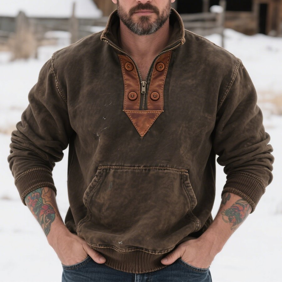 Men's Vintage Western Country Pullover Sweatshirt With Leather Accents
