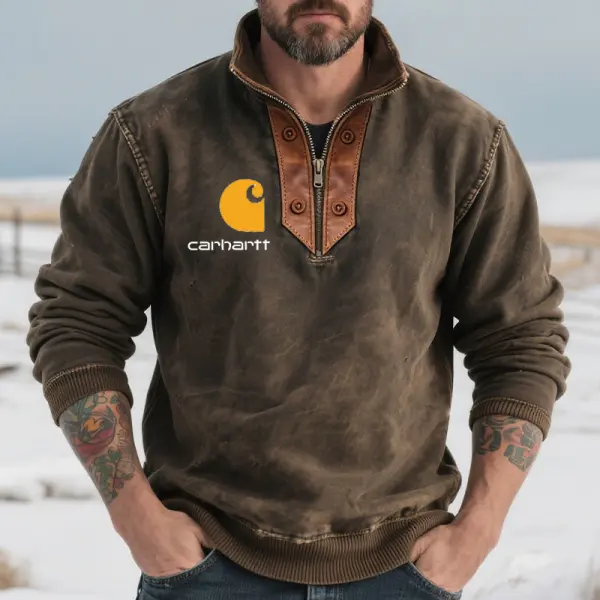 Men's Country Cowboys Style Half-Zip Sweatshirt With Leather Accents - Wayrates.com 