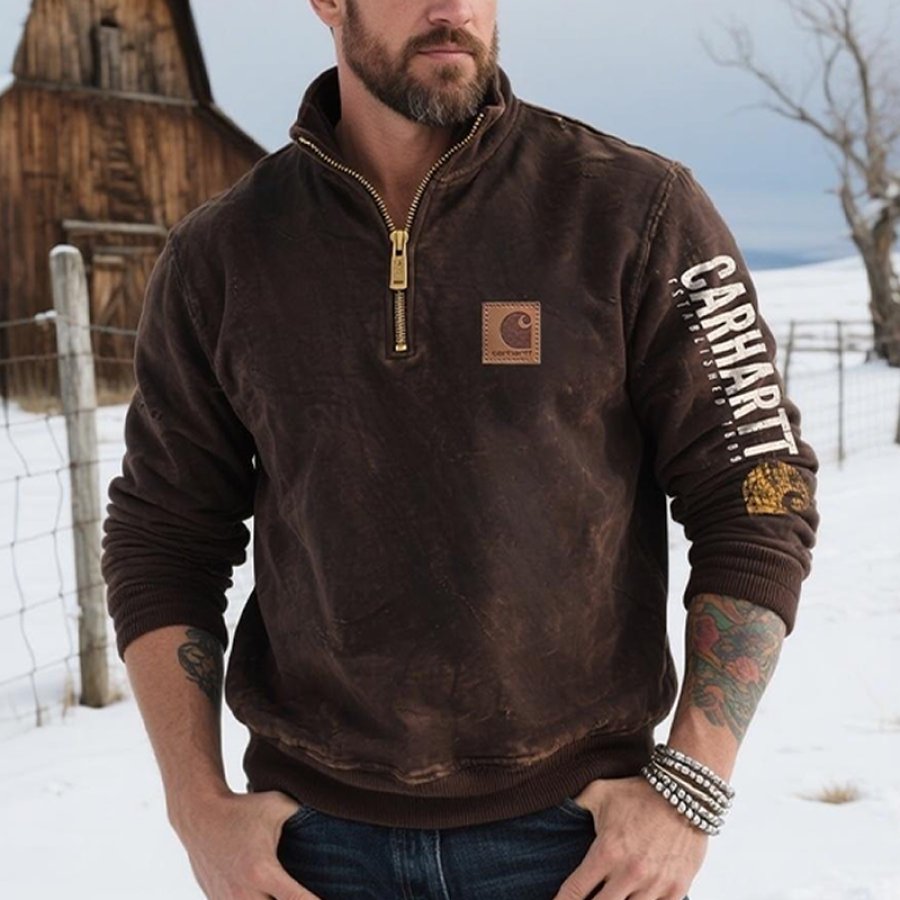 

Men's Vintage Western Half-Zip Sweatshirt With Leather Label Brown