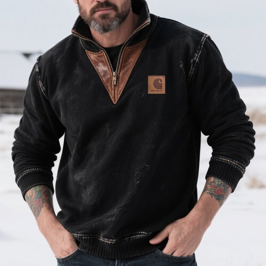 

Men's Vintage Country Leather Patchwork Winter-Ready Half-Zip Sweatshirt