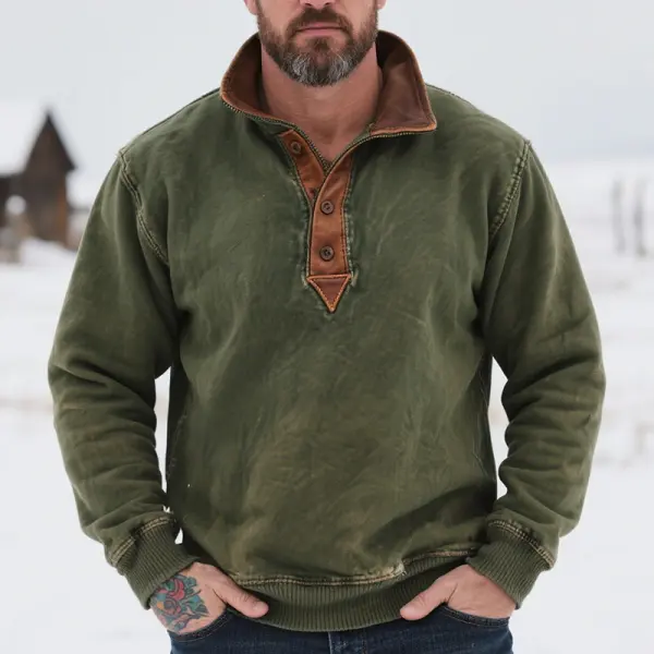 Men's Vintage Country Style Henley Sweatshirt With Brown Leather Trim Olive Green - Wayrates.com 