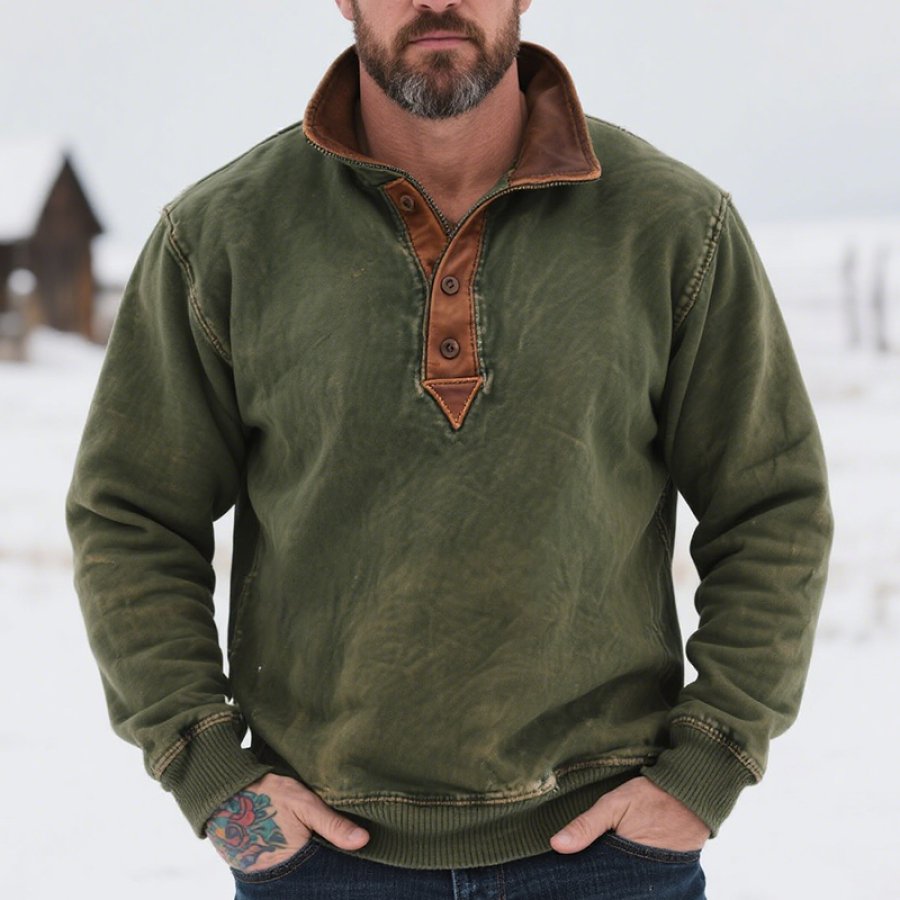 

Men's Vintage Country Style Henley Sweatshirt With Brown Leather Trim Olive Green