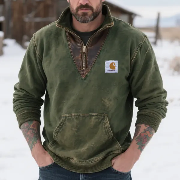 Men's Vintage Country Quarter Zip Pullover Sweatshirt With Leather Trim - Wayrates.com 