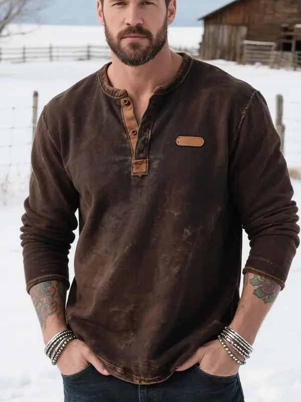 Men's Vintage Rustic Henley T Shirt With Leather Label - Simplyion.com 