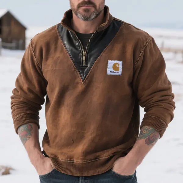 Men's Vintage Quarter Zip Rugged Sweatshirt With Leather Trim Brown - Wayrates.com 