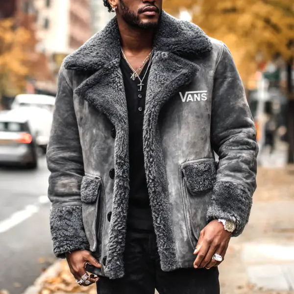 Men's Vintage Embroidered Gray Suede Pocket Fleece Warm Fur Lapel Shearling Jacket - Wayrates.com 