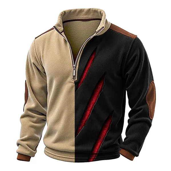 Men's Vintage Waffle Knit Animal Scratch Print Quarter Zip Stand Collar Long Sleeve Sweatshirt - Rabclub.com 