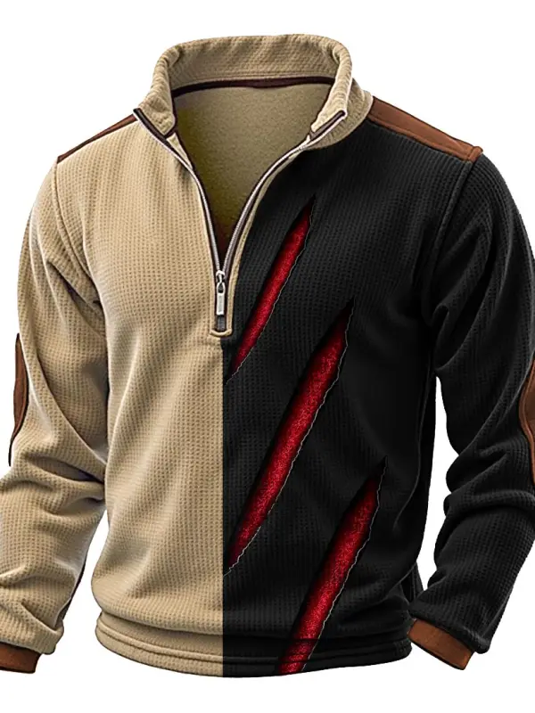 Men's Vintage Waffle Knit Animal Scratch Print Quarter Zip Stand Collar Long Sleeve Sweatshirt - Menbarn.com 
