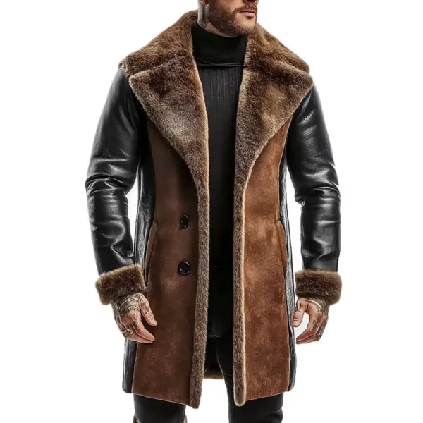 Men's Vintage Western Cowboy Brown Suede And Leather Fleece Fur Lapel Mid-Length Shearling Jacket Coat - Menzfolk.com 