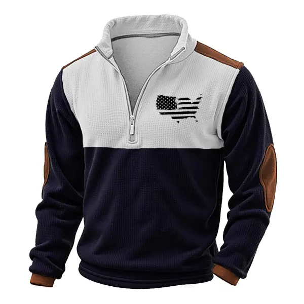 Men's Vintage Waffle Knit USA Map Print Color Block Quarter Zip Stand Collar Long Sleeve Sweatshirt - Rabclub.com 