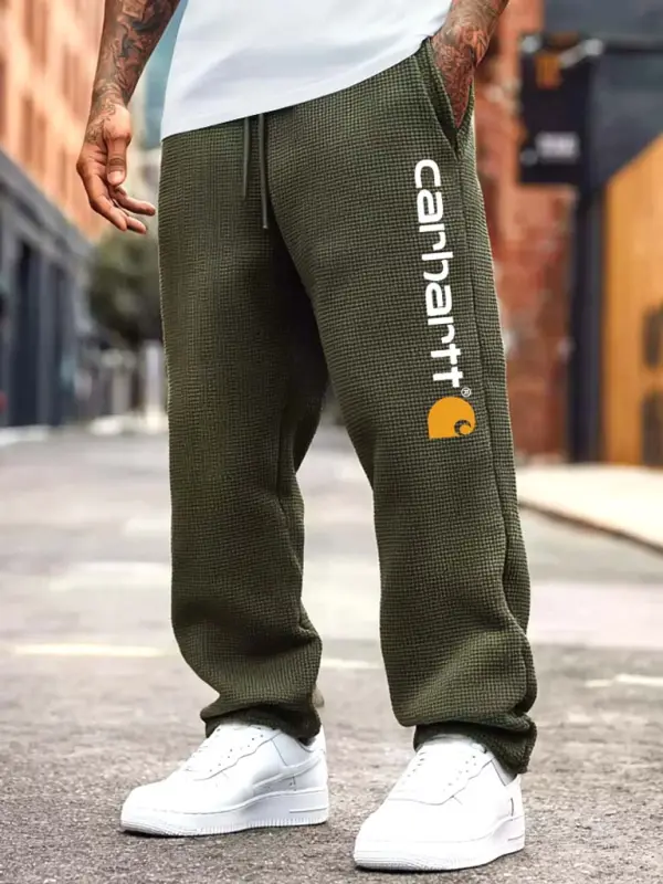 Men's Vintage Olive Green Print Straight Loose Elastic Drawstring Sweatpants Pants Trousers - Pragmaace.com 