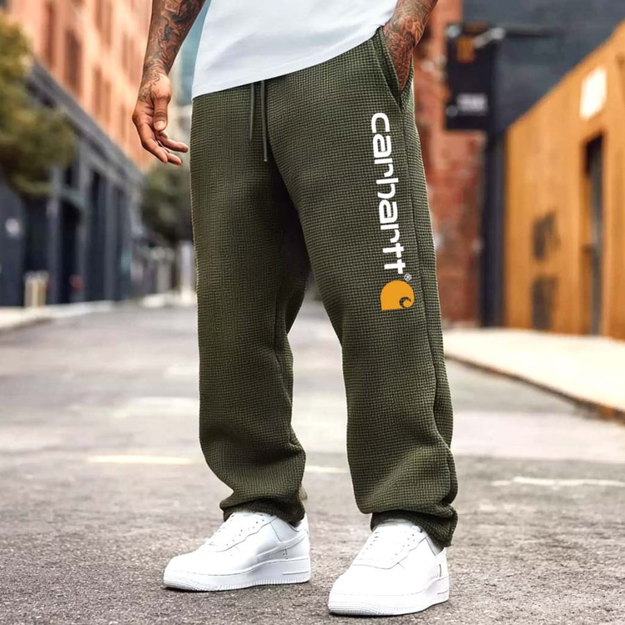

Men's Vintage Olive Green Print Straight Loose Elastic Drawstring Sweatpants Pants Trousers