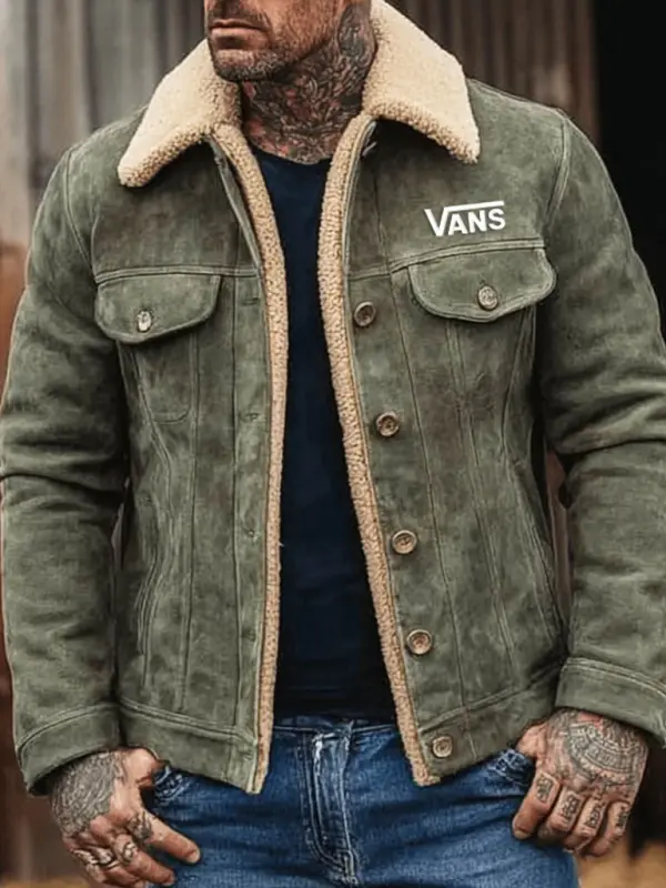 Men's Vintage Western Cowboy Embroidery Army Green Suede Fleece Fur Lapel Shearling Jacket Coat - Pragmaace.com 