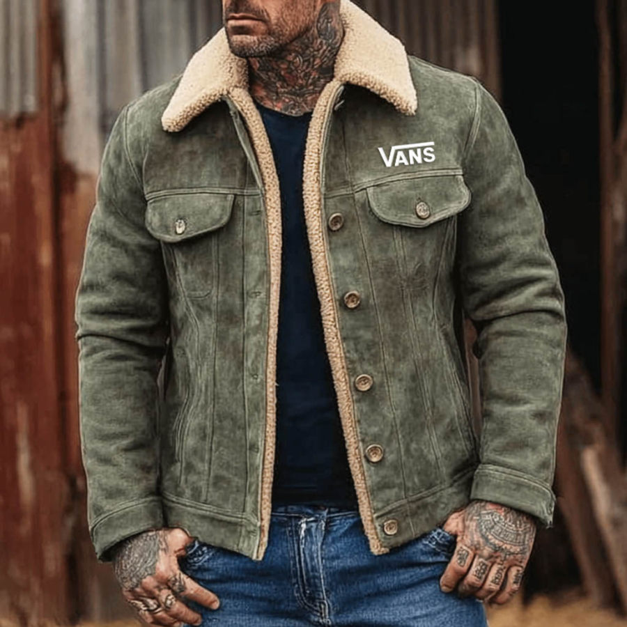 

Men's Vintage Western Cowboy Embroidery Army Green Suede Fleece Fur Lapel Shearling Jacket Coat