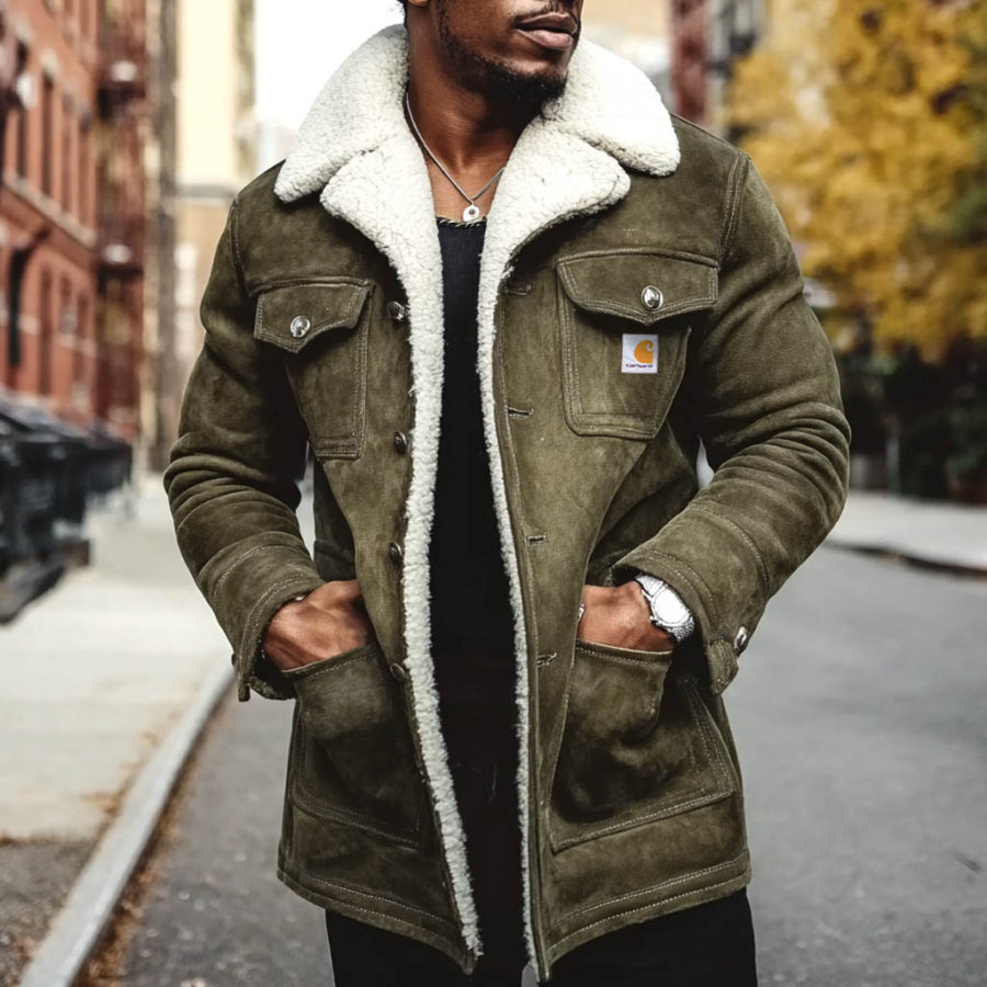 

Men's Vintage Olive Green Suede Multi-Pocket Fleece Warm Fur Lapel Shearling Jacket