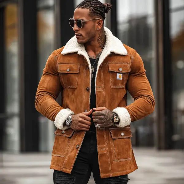 Men's Vintage Brown Suede Multi-Pocket Fleece Warm Fur Lapel Mid-Length Shearling Jacket - Wayrates.com 