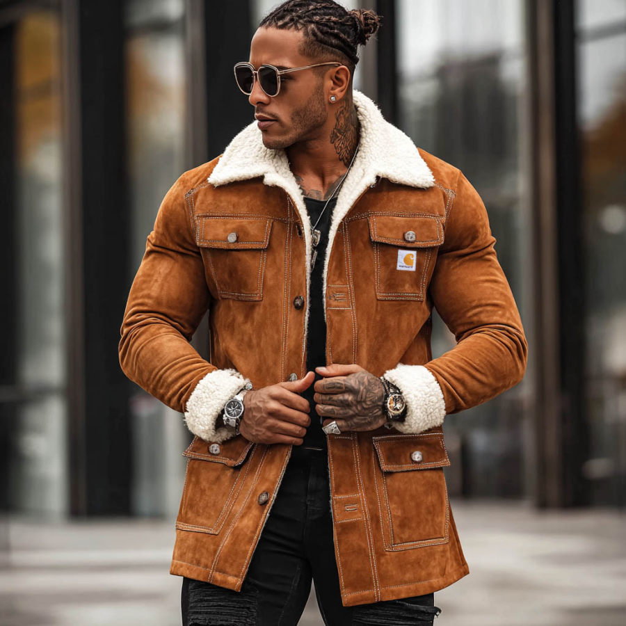 

Men's Vintage Brown Suede Multi-Pocket Fleece Warm Fur Lapel Mid-Length Shearling Jacket