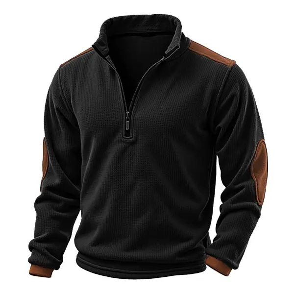 Men's Vintage Black Waffle Knit Elbow Patches Quarter Zip Stand Collar Long Sleeve Sweatshirt - Manlyhost.com 