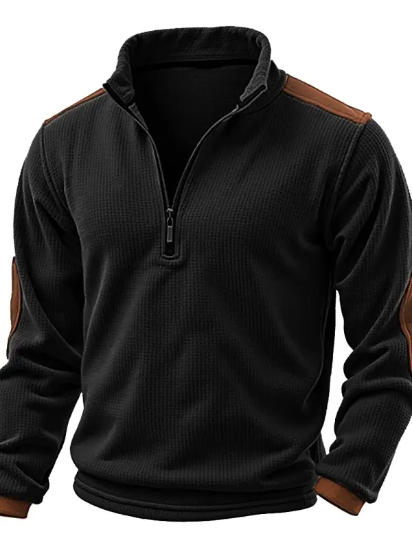 Men's Vintage Black Waffle Knit Elbow Patches Quarter Zip Stand Collar Long Sleeve Sweatshirt - Menbarn.com 