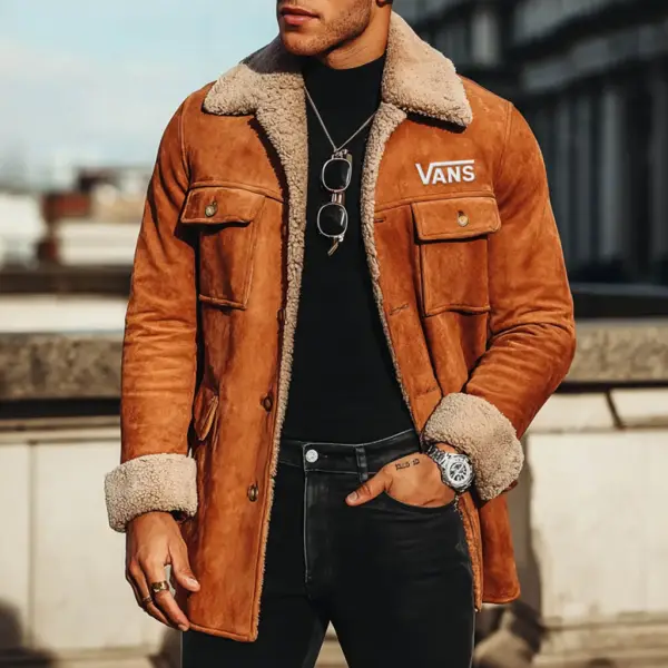 Men's Vintage Suede Multi-Pocket Fleece Warm Fur Lapel Mid-Length Shearling Jacket - Wayrates.com 