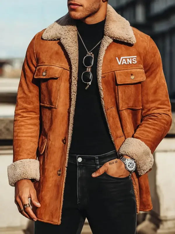 Men's Vintage Suede Multi-Pocket Fleece Warm Fur Lapel Mid-Length Shearling Jacket - Pragmaace.com 