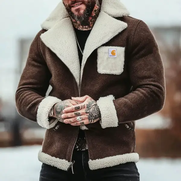 Men's Vintage Brown Wool Fleece Fur Lapel Shearling Jacket - Wayrates.com 