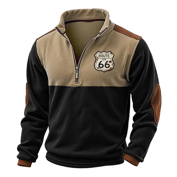 Men's Vintage Waffle Knit Route 66 Road Trip Print Color Block Quarter Zip Stand Collar Long Sleeve Sweatshirt - Rabclub.com 