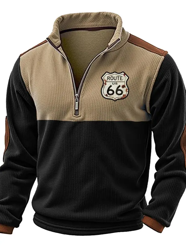 Men's Vintage Waffle Knit Route 66 Road Trip Print Color Block Quarter Zip Stand Collar Long Sleeve Sweatshirt - Pragmaace.com 