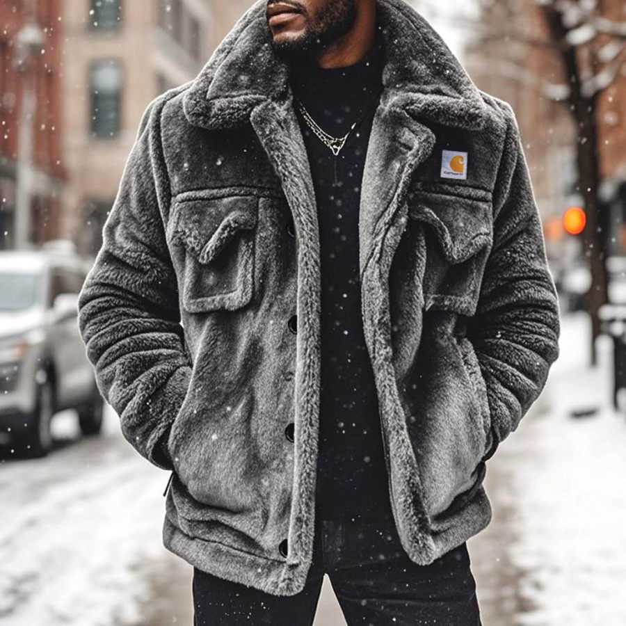

Men's Vintage Gray Polar Fleece Multi-Pocket Warm Lapel Shearling Jacket