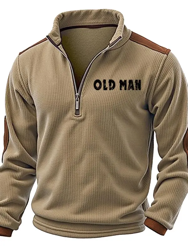Men's Vintage Waffle Knit Old Man Print Quarter Zip Stand Collar Long Sleeve Sweatshirt - Menbarn.com 