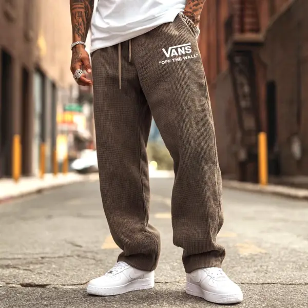 Men's Vintage Brown Off The Wall Print Straight Loose Elastic Drawstring Sweatpants Pants Trousers - Wayrates.com 