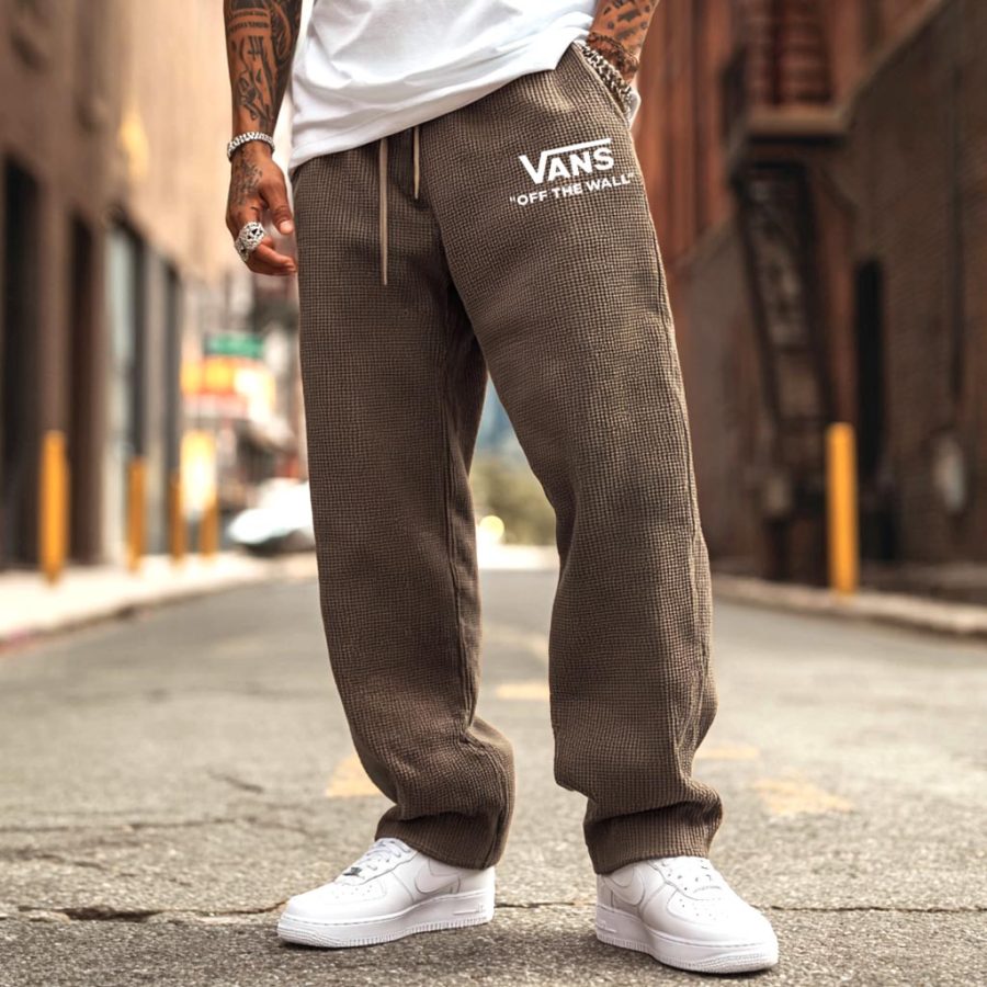 

Men's Vintage Brown Off The Wall Print Straight Loose Elastic Drawstring Sweatpants Pants Trousers