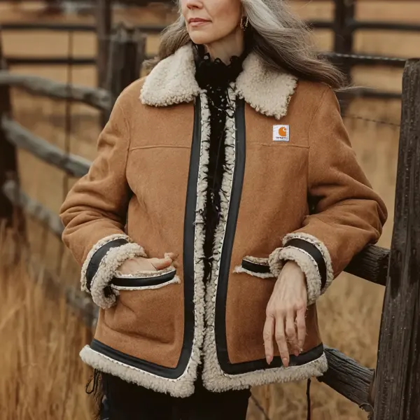 Women's Warm And Stylish Brown Wool Blend Jacket With Faux Shearling Trim - Wayrates.com 