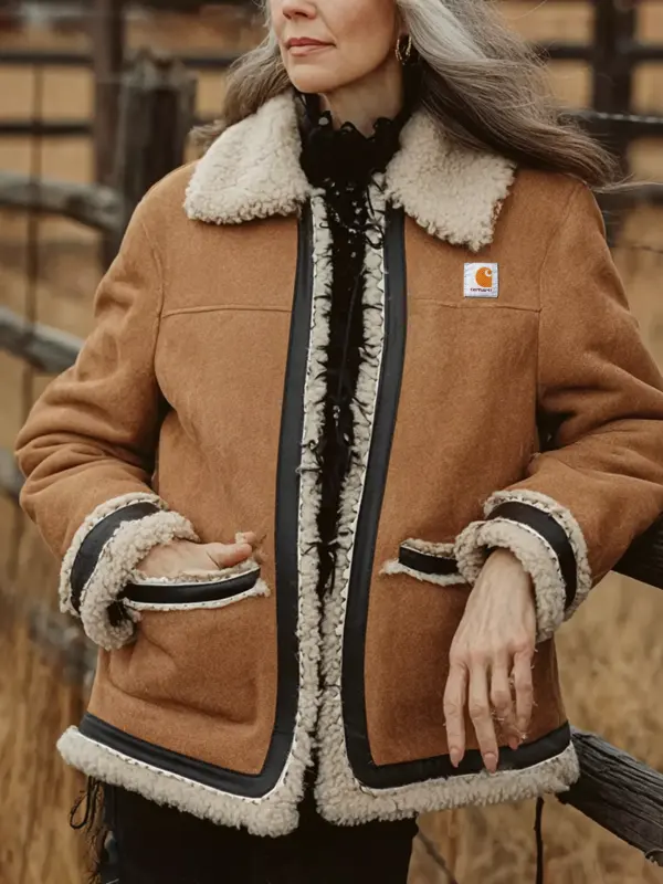 Women's Warm And Stylish Brown Wool Blend Jacket With Faux Shearling Trim - Pragmaace.com 
