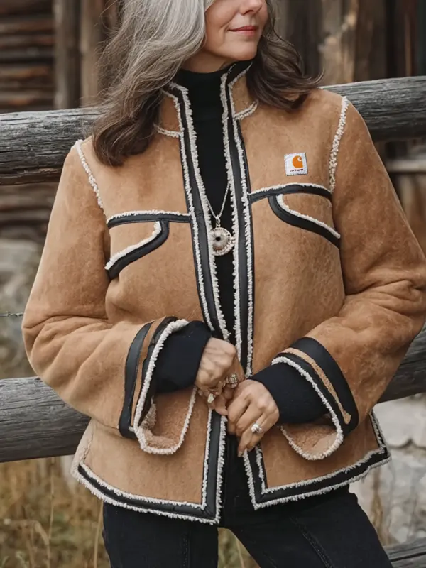 Women's Classic Brown Shearling Jacket With Stylish Trim - Pragmaace.com 