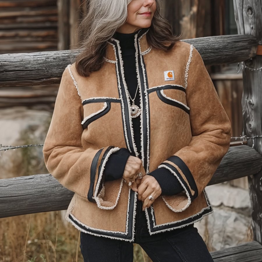 

Women's Classic Brown Shearling Jacket With Stylish Trim