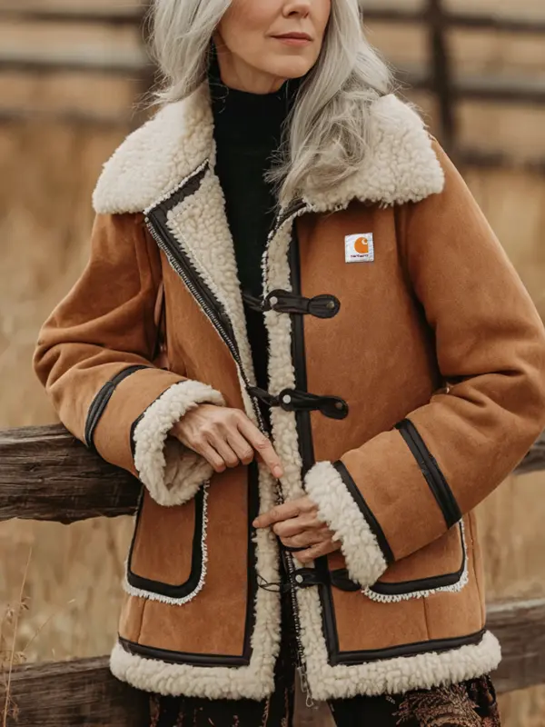 Women's Warm And Stylish Brown Shearling Coat - Pragmaace.com 