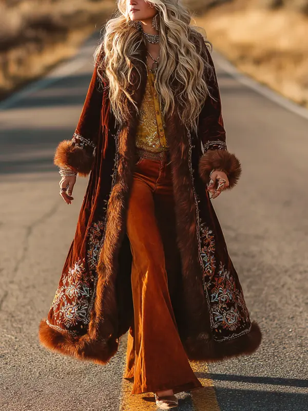 Women's Vintage Bohemian Elegance: Woolen Coat With Fur Trim - Pragmaace.com 